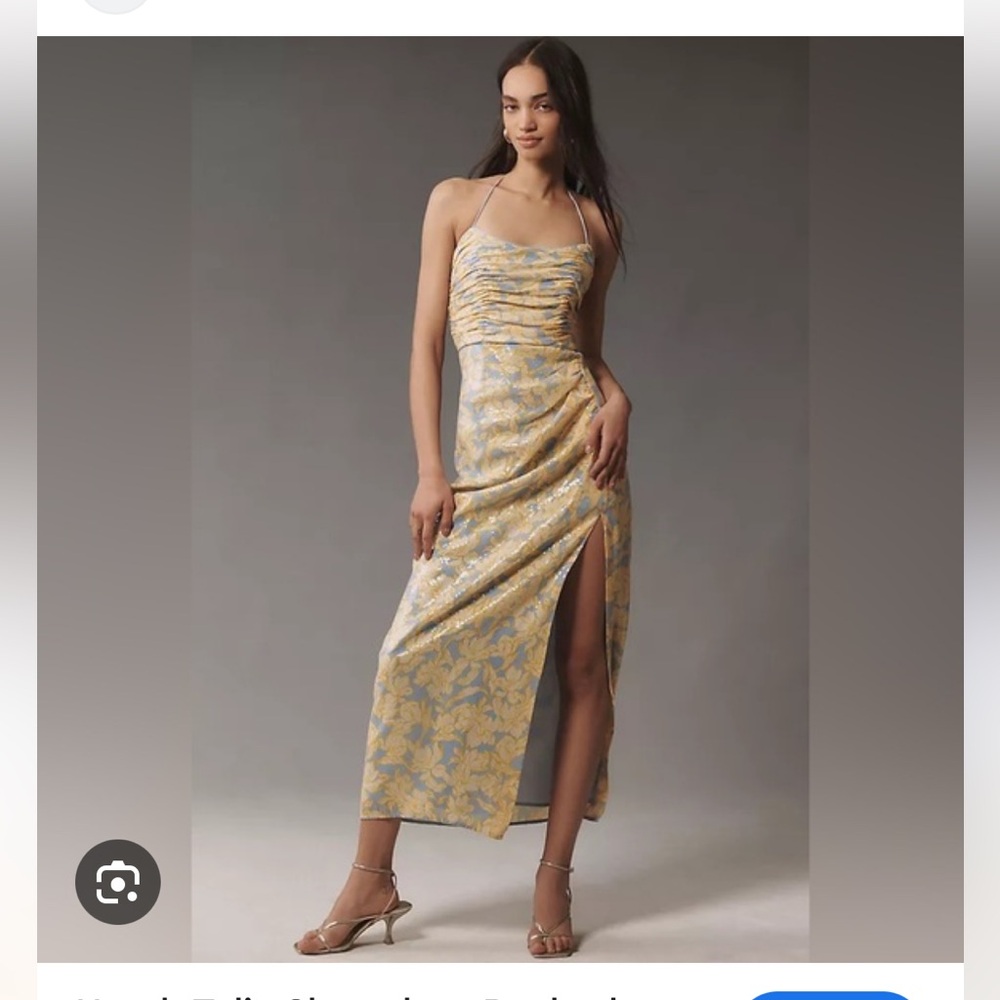 NWT Hutch Tylia Beauden‎ Ruched Side-Slit Sequin Maxi Dress Sky Floral 6 halter